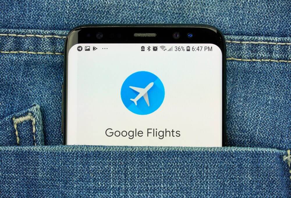 Google Flights logo displayed on a phone inserted into a back pocket of denim jeans